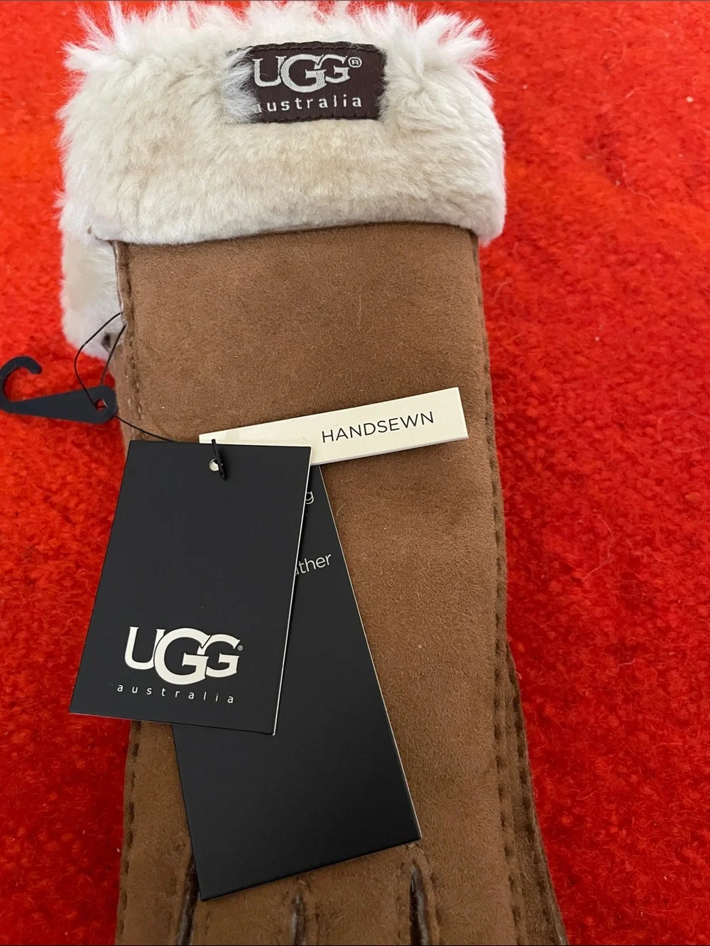 UGG Brown Suede Shearling-Trim Gloves with Cream Cuff Size Small